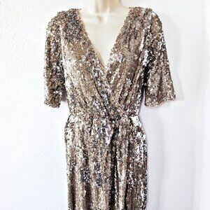 TFNC London Sequin Wrap Party Dress Size 4 (UK 8) Open Back Silver Knee Length